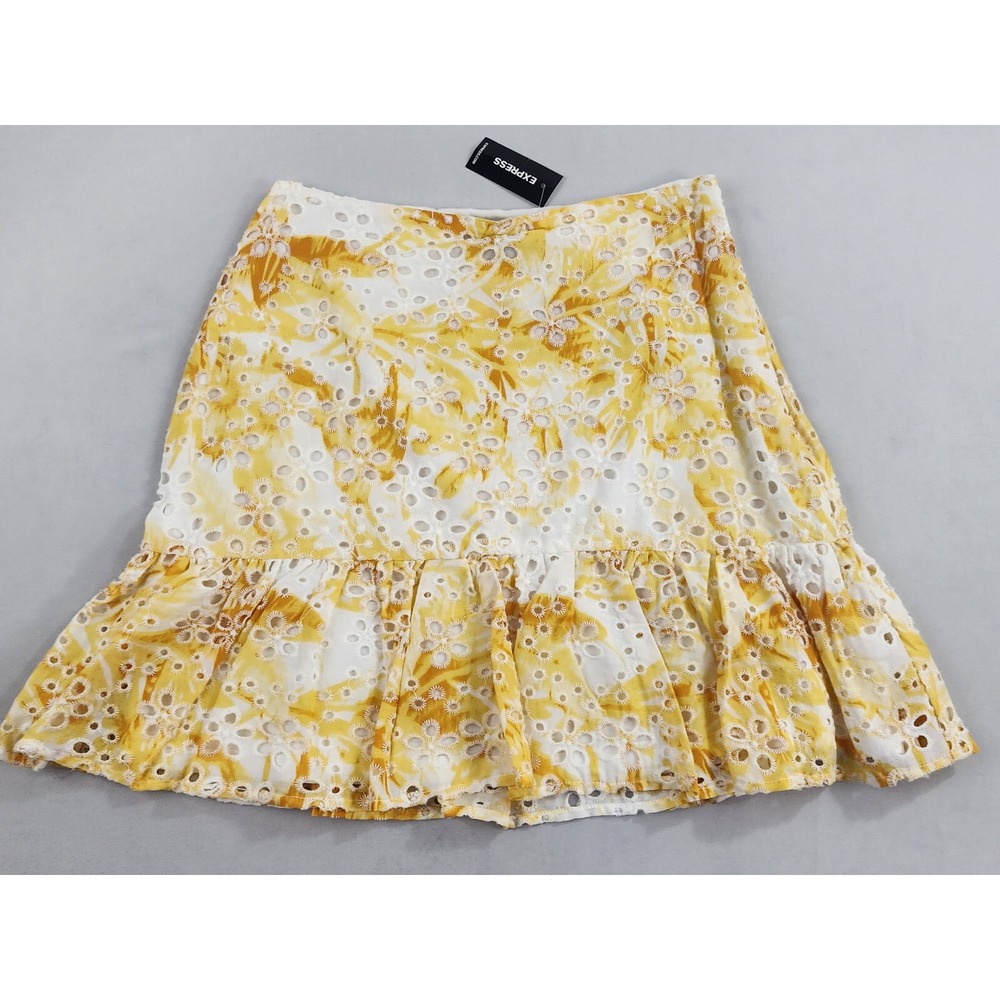 Express Skirt Womens 2 Floral Yellow White Eyelet Embroidered Mini Ruffle Zip